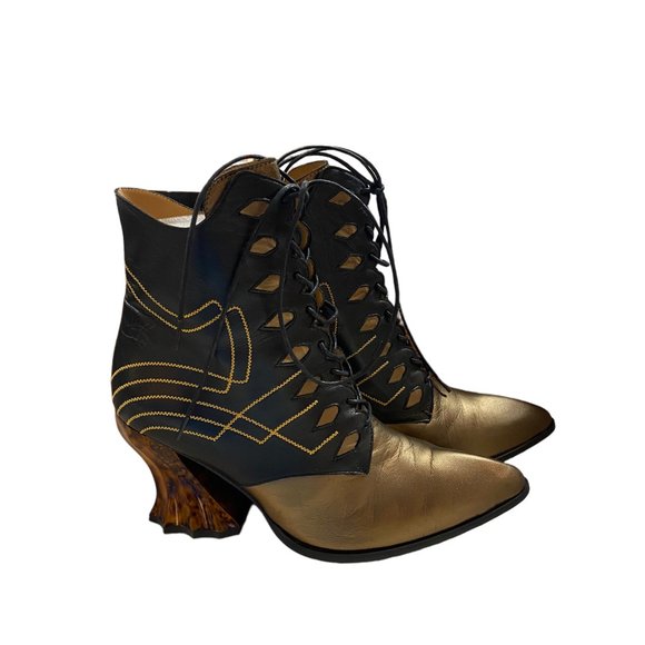 John Fluevog Shoes - Black + Gold John Fluevog Lace Up Boots, 10